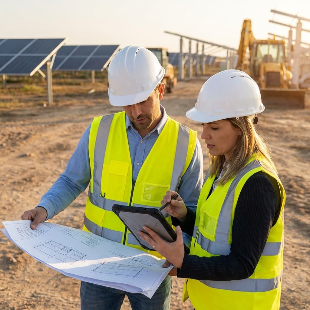 Mühendisler blueprint üzerinde çalışıyor